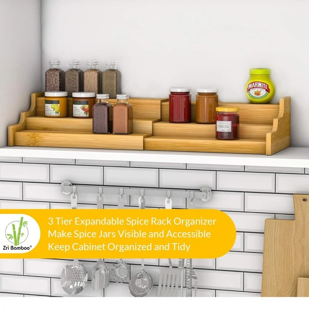 Spice Rack Kitchen Cabinet Organizer- 3 Tier Bamboo Expandable Display Shelf